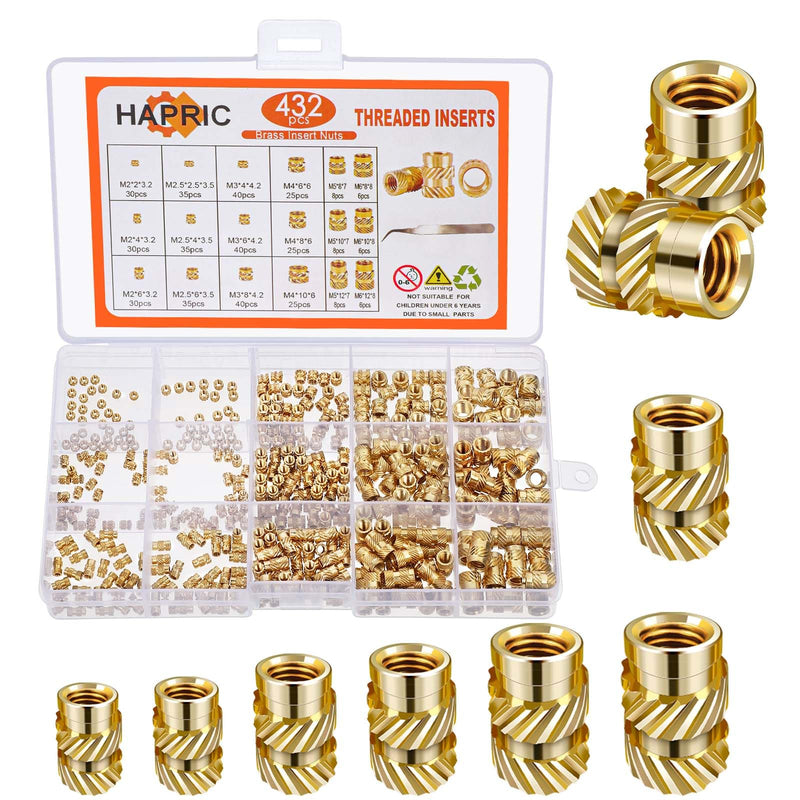 [Australia - AusPower] - 432 Pcs Threaded Inserts for Plastic Heat Set Insert M2 M2.5 M3 M4 M5 M6 Brass Metric Knurled Nuts Kit for 3D Printing Automotive Plastic Shell 