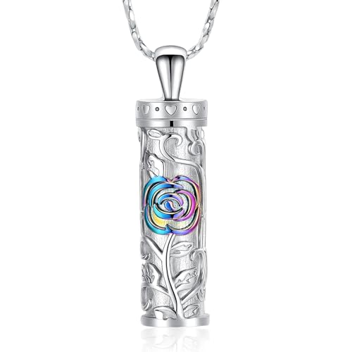Rose Flower Urn Necklace Cylinder Bar Urn Necklace for Ashes Pendant Necklace Keepsake for Ashes Memory Keepsake Cremation Jewelry for Women Memorial Rainbow