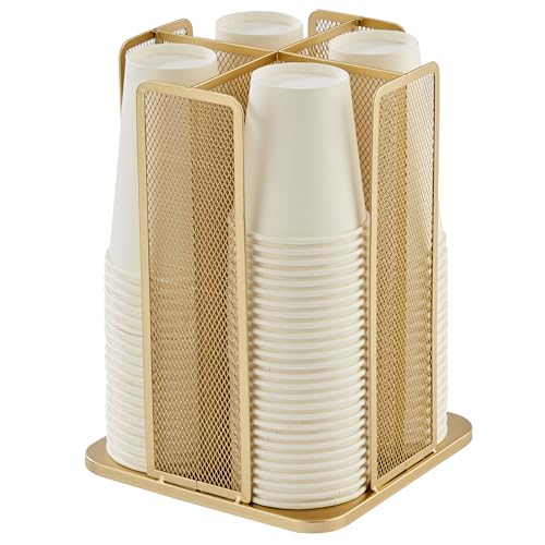 Annova Paper/Plastic Cup and Lid Holder Plastic Storage Organizer, 360°Rotating Coffee Mup Dispenser with 4 Compartments, Multifunctional Storage Rack for Home, Office, Bar, Coffee Shop (Gold) gold