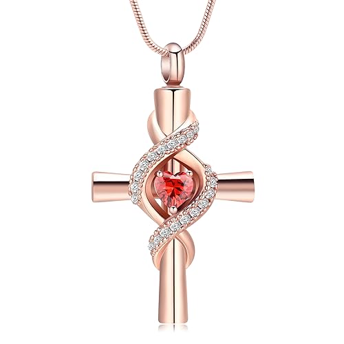 Infinity Urn Necklace for Ashes Cross Cremation Jewelry Memorial Necklace Birthstone Pendant Stainless Steel Urn for Ashe Lockets Keepsake Necklace for Pet Dog Ashes Holder Rose-Red