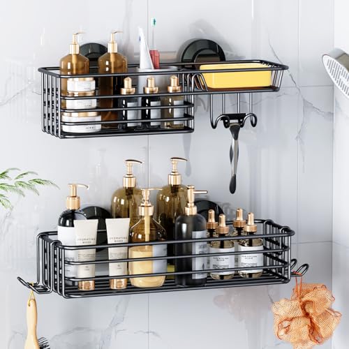LEVERLOC shower caddy with suction cups and hooks, 2-pack, black bathroom shower shelf for organizing toiletries