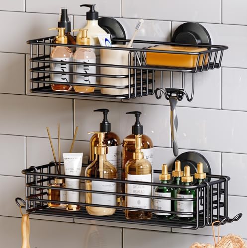 TAILI Shower Caddy Suction Cup 2 Pack with Hooks & Soap holder, Black 2 X Black