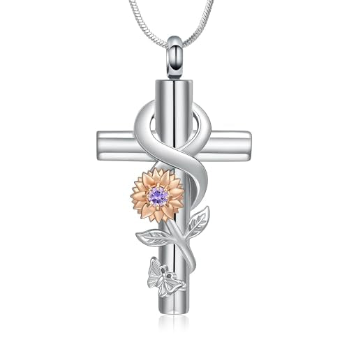 Cross Sunflower Cremation Jewelry Infinity Urn Necklace for Ashes for Men Women Stainless Steel Butterfly Memorial Ashes Pendant Necklace Keepsake Jewelry Rose-purple