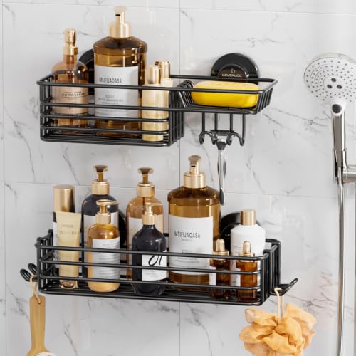 LEVERLOC Shower Caddy Suction Cup, 2 Pack Shower Shelves for Inside Shower with Hooks & Soap Holder, NO-Drilling Bathroom Shower Organizer, Rustproof Meatl Shower Holder Storage, Black 1 Medium & 1 Large