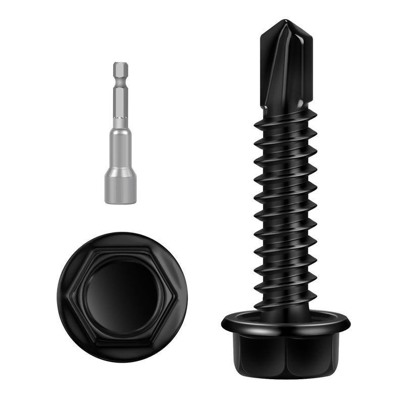 [Australia - AusPower] - #14 x 1-1/4" Black Hex Washer Head Self Drilling Screw, Flanged Hex Self Tapping Screws, Sheet Metal Screws, 410 Stainless Steel, 60 PCS #14 x 1-1/4" 