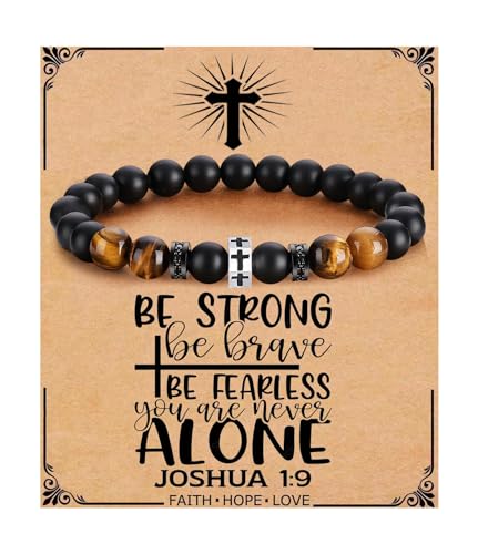 QWNHONEY Cross Bracelet for Men Son Brother Boyfriend Father Dad Husband Father's Day Birthday Christian Religious Faith Graduation Anniversary Christmas Jewelry Gift for Man Be Strong Be Brave Be Fearless