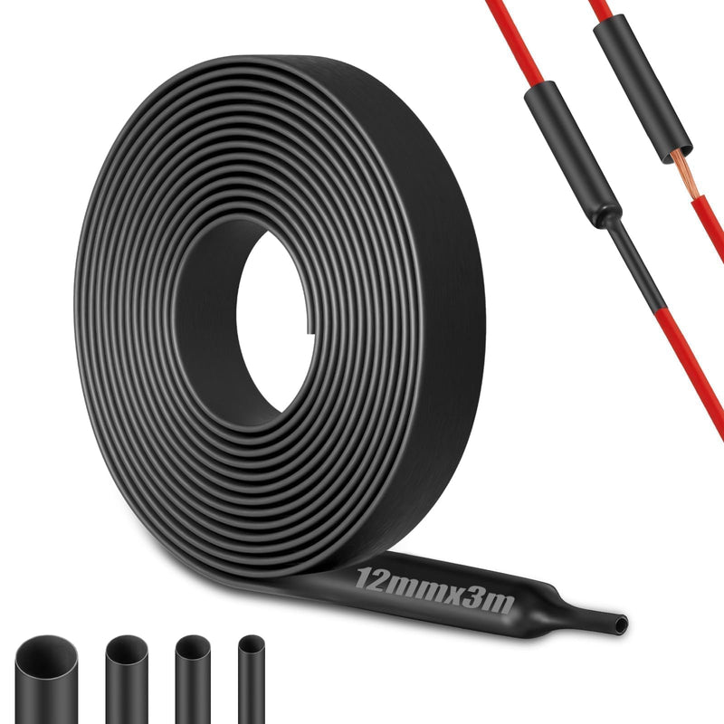 Mbsomnus Heat Shrink Tubing 12mm 4:1 Heat Shrink Tube with Glue (3M) | Waterproof Heat Shrink Tube, Black Heat Shrink Tube, Insulation, Heat Shrink Tube, for Cable Insulation, Repairs Ø12mmx3m