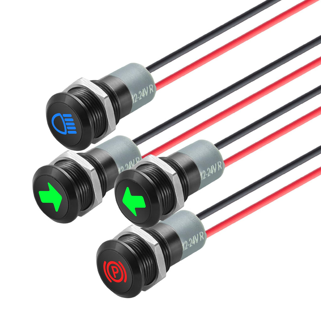 12V LED Indicator Small Light Indicator Waterproof, 1/2"(12mm) Panel Cutout 12V 24V Metal LED Indicator with 22AWG 150MM Wire - High Beam Indicator, Single Arrow Left/Right, Parking Indicator, 4PCS