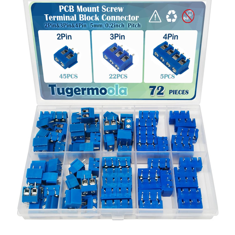 [Australia - AusPower] - 72PCS 5mm/0.2inch Pitch PCB Mount Screw Terminal Block Connector 2Pin 3Pin 4Pin Circuit Board Connectors PCB Wiring Terminals Blue 