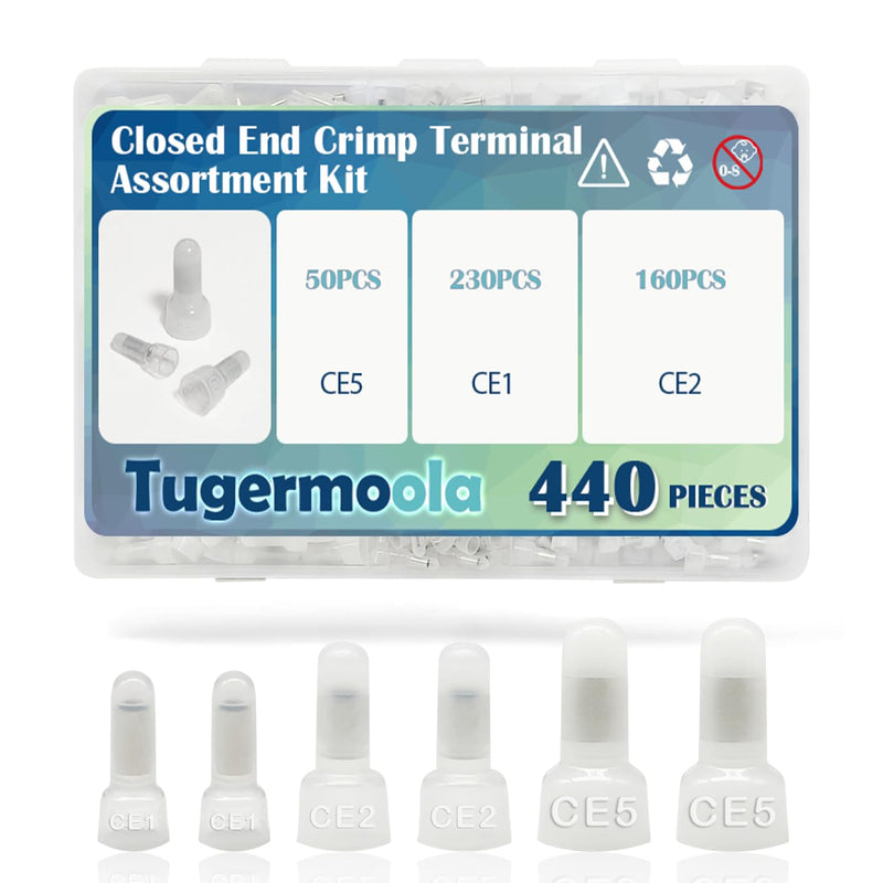 [Australia - AusPower] - 440PCS Closed End Crimp Terminal CE1/CE2/CE5 Assortment Kit 22-16/16-14/12-10AWG Wire End Caps Electrical Crimp Connectors OLA006-Kit 440PCS KIT(CE1/CE2/CE5) 