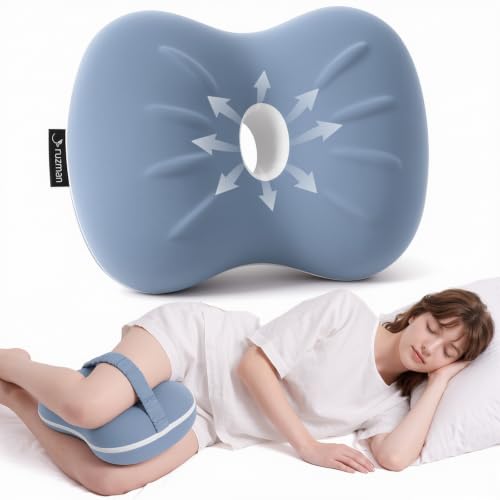 Knee Pillow for Side Sleepers - Cooling Pillow Between Legs for Side Sleeping - Memory Foam Knee Pillow with Strap for Hip Pain & Spine Alignment (Blue) Blue