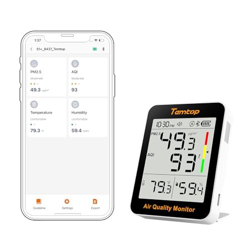 Temtop S1+ Air Quality Meter PM2.5, AQI, Temperature and Humidity, Ultra Long Battery Life of 100 Days, Thermohydrometer with App Connection, Ideal for Home and Office S1+ (Extended Standby - 100 Days + App)