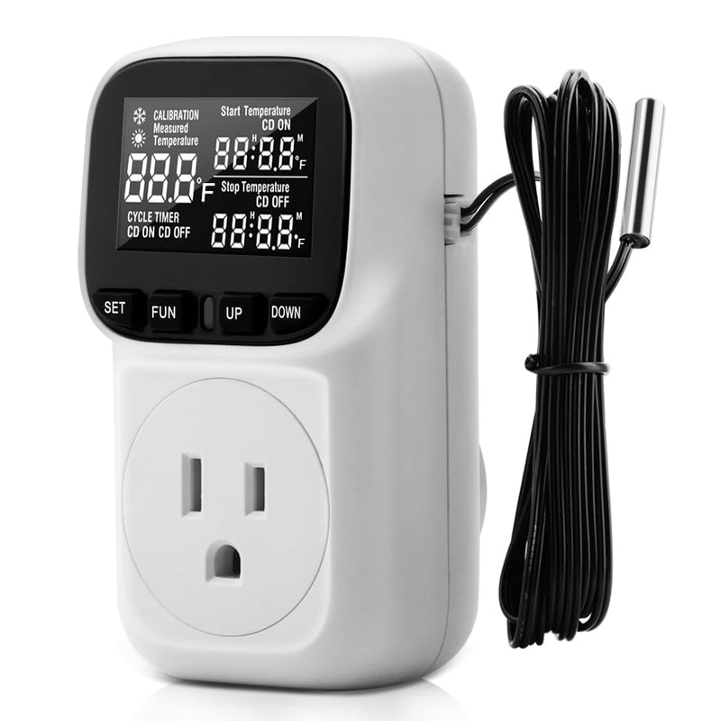 [Australia - AusPower] - Diymore Digital Plug in Thermostat Outlet Temperature Controller Electric Digital Thermostat Heating Cooling Mode Timer Socket 120V Heating Cooling Control 110V 15A Celsius Fahrenheit Display 