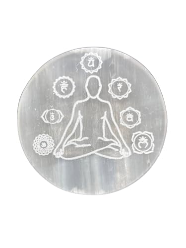 Selenite Crystal Charging Plate for Crystals and Healing Stones, 4" Selenite Crystal Plate Engraved Buddha Yoga Coaster for Home Office Table Decor Buddha (Yoga) Round
