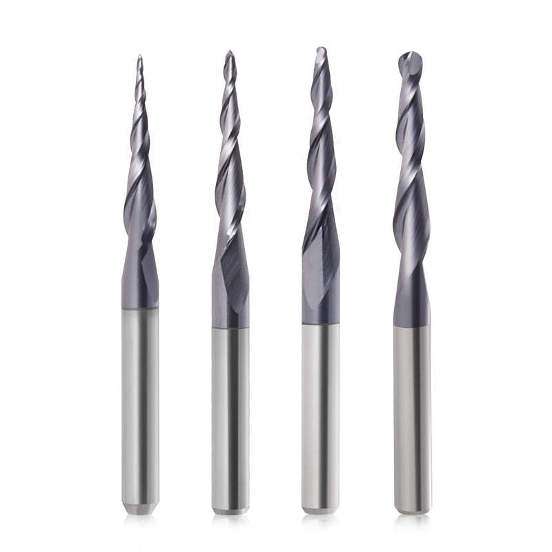 [Australia - AusPower] - Tapered End Mill Cone Ball Nose Carbide Bit CNC Cutter 4Pcs/Pack R0.25~1.0 Tip 1/8" Shank CNC Spiral Router Bits 2 Flutes Tapered Ball Nose Bits for Engraving Milling 3D Relief Carving 