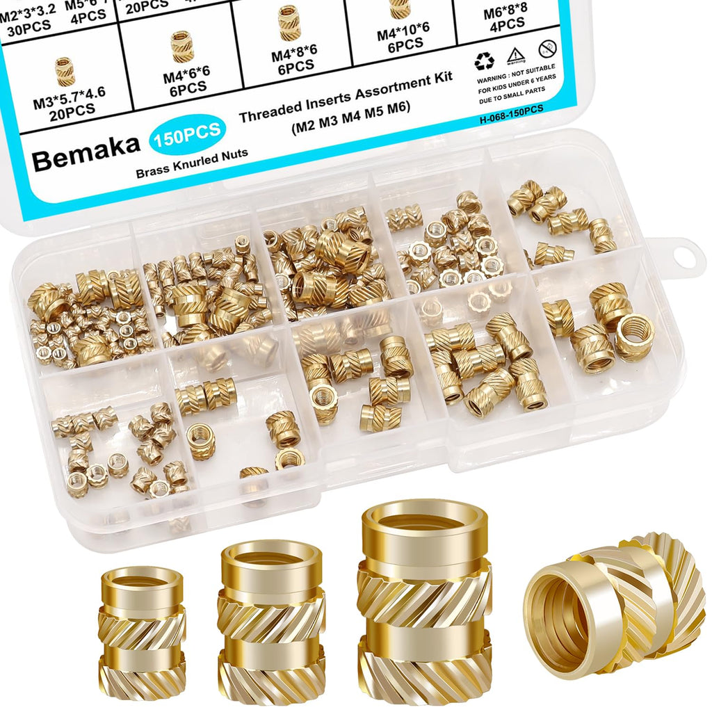 150PCS Threaded Inserts Assortment Kit, M2 M3 M4 M5 M6 Female Thread Brass Metric Knurled Nuts, Heat Set Insert for Plastic Parts & 3D Printing Components