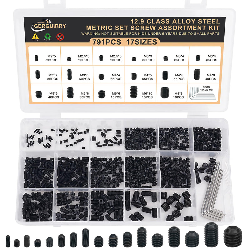 [Australia - AusPower] - 791PCS Set Screws, 17Sizes Metric Set Screw Assortment Kit, M2/2.5/3/4/5/6/8 Stainless Steel Grub Set Screws, Internal Hex Drive Cup-Point Screws for Bathroom Fixtures, Door Handles, Alloy Steel Black 791PCS 17Size Metric 