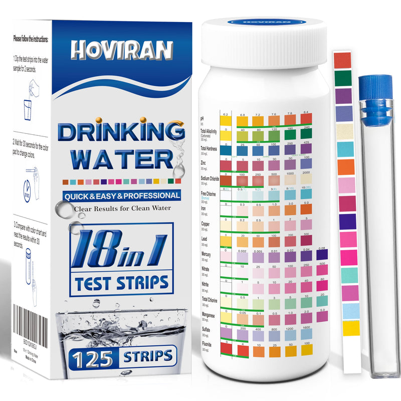 125 ct Drinking Water Test Strips - Home, Well Water Testing Kit for Lead, Hardness, Iron, Copper, Heavy Metals, Chlorine, Nitrate Blue