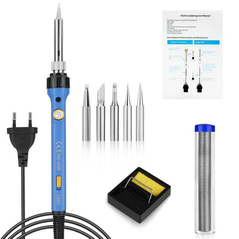 Flintronic Soldering Iron Set, 60 W LCD Soldering Iron with On/Off Switch, Adjustable Temperature 200-480 °C, 10 g Soldering Wire, 5 Soldering Tips, Desoldering Pump, Soldering Iron Stand, Tweezers, Soldering Set for Electrical Work 60w-8 in 1