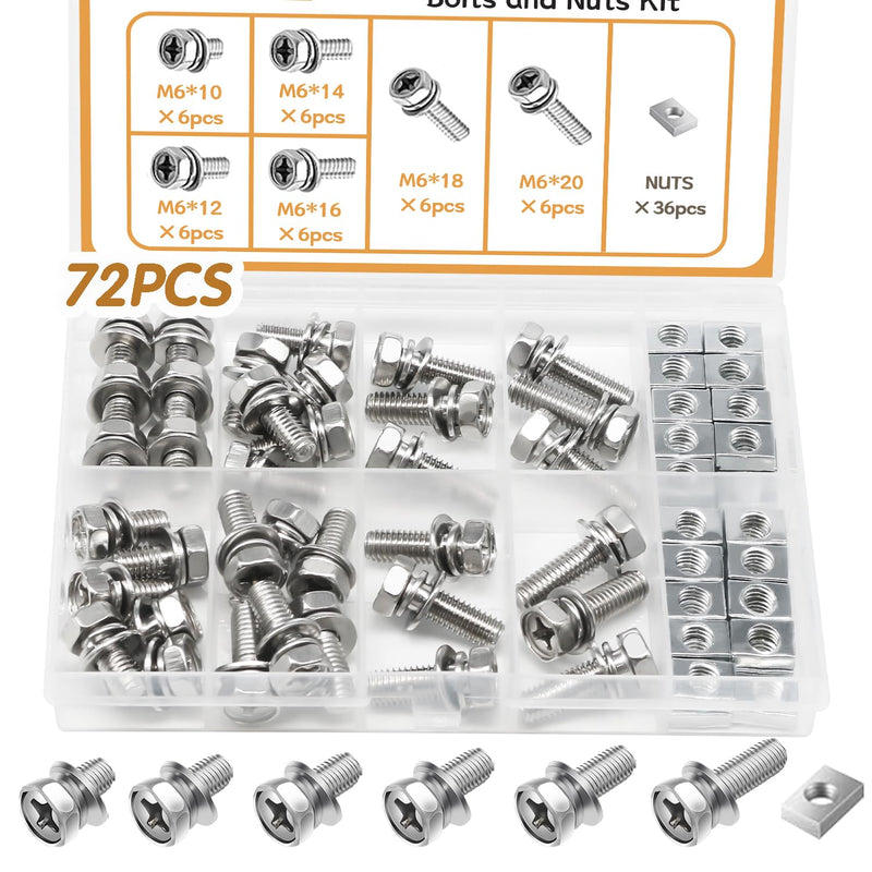 [Australia - AusPower] - 72PCS Battery Terminal Motorcycle Bolts and Nuts Kit M6*10/12/14/16/18/20mm 304 Stainless Steel Battery Bolt with Square Nut for ATV Bike, Motorcycle, Scooter 72pcs kit 