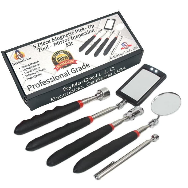 [Australia - AusPower] - Inspection Mirror and Magnet KIT with Magnetic Pick-Up Tools. 5 Piece Set. Lighted Inspection Mirror and Lighted Magnetic Pick-Up Tool. 