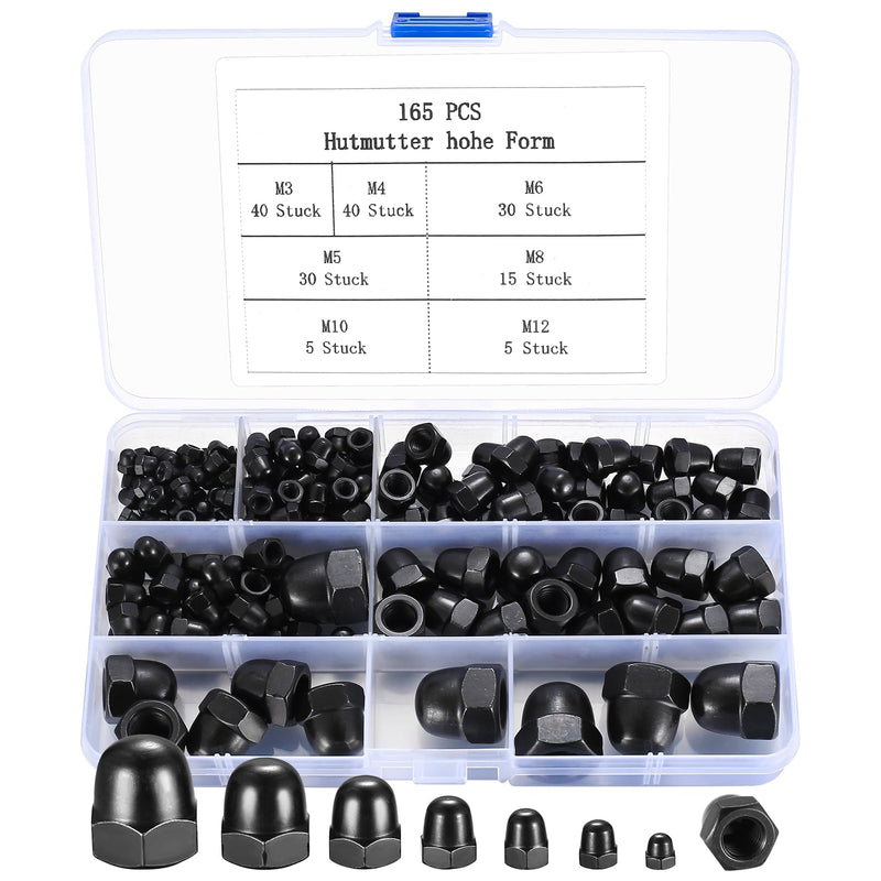 Hex Acorn Bolt Covers, 165pcs Acorn Cap Nuts, Black Dome Nut Caps, Alloy Steel Dome Acorn Bolt Cup Nuts Protector Caps for Protection Threads Rods Bolts, M3 M4 M5 M6 M8 M10 M12 (Black)