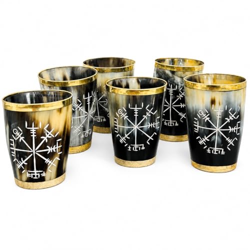 Royal Viking Drinking Horn Shot Glass Cup Brass Ring Genuine Handcrafted Viking Horn Cup Original Medieval Cup (SET OF 6) SET OF 6