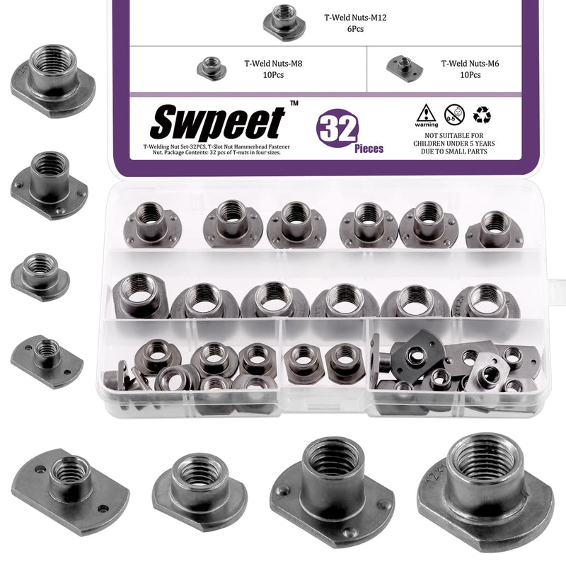 [Australia - AusPower] - Swpeet 32Pcs M6 M8 M10 M12 Black T-Shaped Weld Nuts Kit, Tab Base UNC Carbon Steel Machine Screw, Welding Hood Fasteners Ideal for Furniture Vehicles Caster and Industry Machine Assortment Kit 