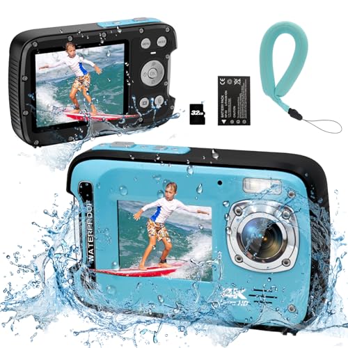 Underwater Camera 4K 48MP Autofocus Selfie Dual Screen Waterproof Camera with Floating Strap and 32GB Card, 17FT Compact Waterproof Digital Camera, Fill Light Underwater Camera for Snorkeling