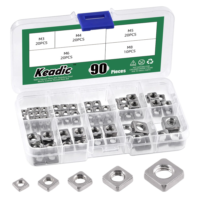 [Australia - AusPower] - Keadic 90Pcs 304 Stainless Steel Square Nuts Assortment Kit, M3x5.5mmx2mm, M4x7mmx2mm, M5x8mmx3mm, M6x10mmx3mm, M8x13mmx4mm Coarse Thread Nut for Furniture, Electrical Appliances 304 Stainless Steel (Silver) 