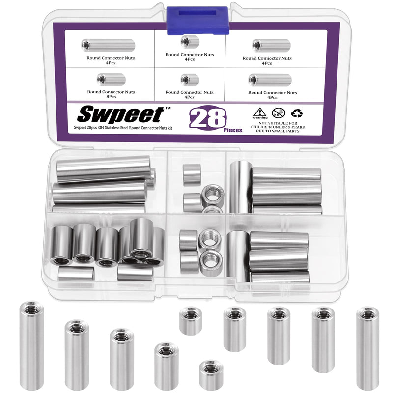 [Australia - AusPower] - Swpeet 28Pcs 5 Sizes Metric M6 X 1.0-Pitch X 8mm/15mm/25mm/30mm/40mm Length 304 Stainless Steel Round Connector Nuts Coupling Nuts Assortment Kit, Female Thread for Camera Pan, Lamp Bracket 