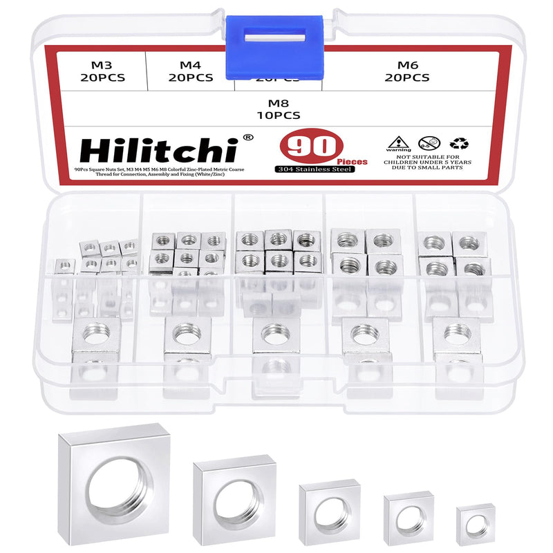 [Australia - AusPower] - Hilitchi 90Pcs Square Nuts Assortment M3 M4 M5 M6 M8 White Zinc Plated Square Nuts Square Machine Screws Nut Metric Coarse Thread Metric Square Nut Fasteners for Home Repair(White Zinc Plated) 