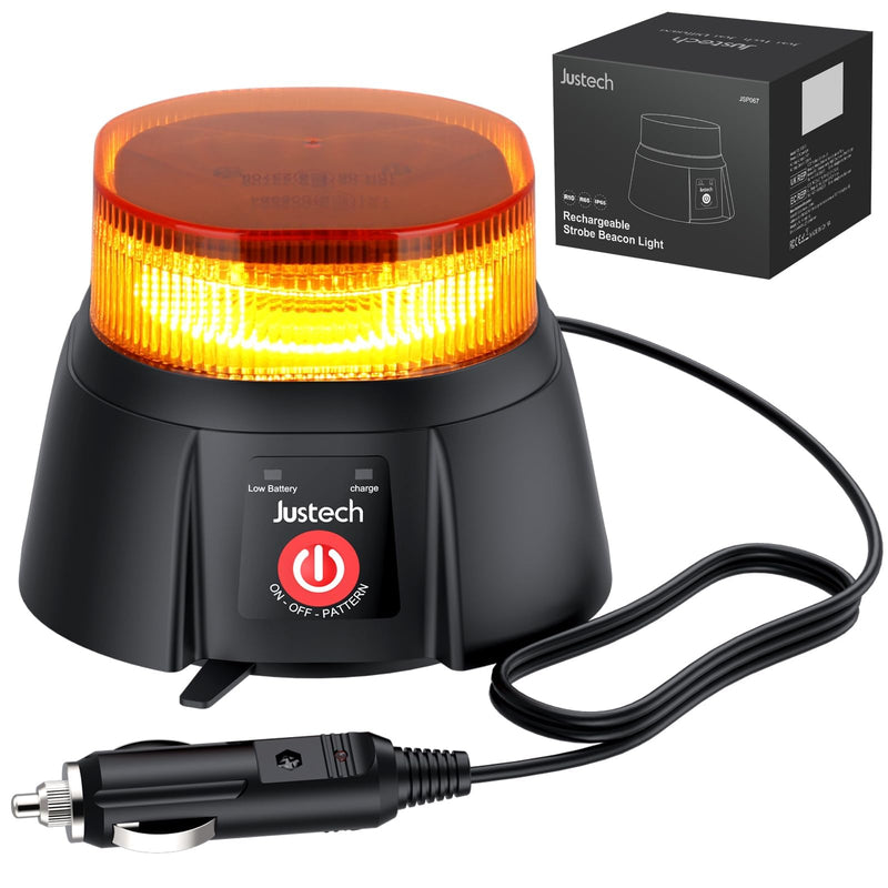 [Australia - AusPower] - Justech 36 LED Rechargeable Beacon Light 12 Flash Patterns Cordless Magnetic Flashing Emergency Light with 3ft Straight Cord, IP65 Waterproof 12-24V Amber Strobe Beacon for Snow Plow Trucks Vehicles 