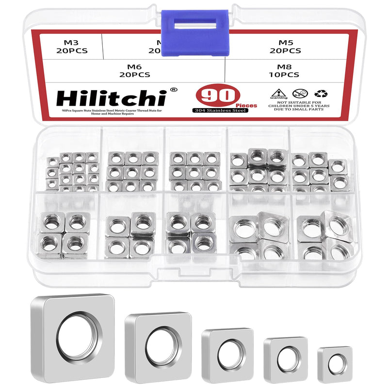 [Australia - AusPower] - Hilitchi 90Pcs Square Nuts Assortment M3 M4 M5 M6 M8 304 Stainless Steel Square Nuts Square Machine Screws Nut Metric Coarse Thread Metric Square Nut Fasteners for Home Repair(304 Stainless Steel) 