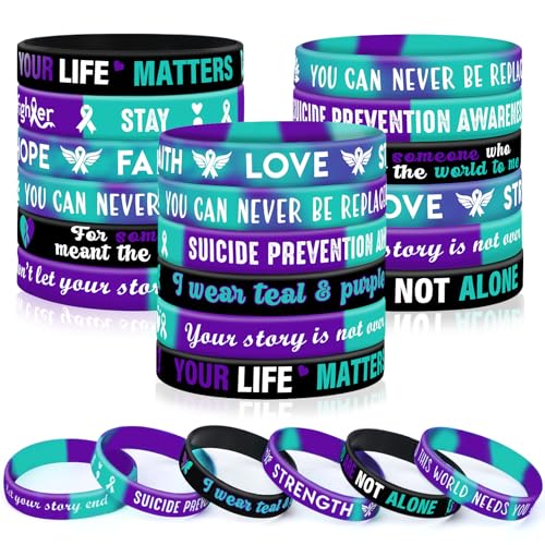 JUNEBRUSHS Silicone Wristbands for Suicide Prevention, 42 Pieces Purple Teal Inspirational Rubber Bracelets for Suicide Prevention, Awareness, Inspirational Charity Suicide Prevention Awareness Style