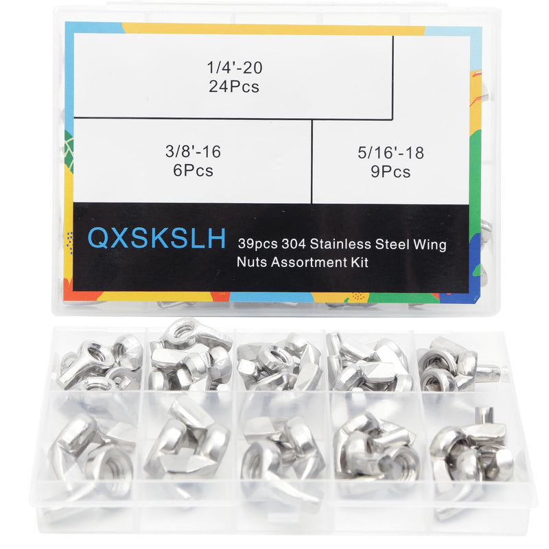 [Australia - AusPower] - 39 PCS Wing Nuts Assorted kit 1/4"-20 5/16"-18 3/8"-16 304 Stainless Steel Wing Nut Fasteners,Butterfly Wingnut,Hand Twist Secure Fasteners Imperial 