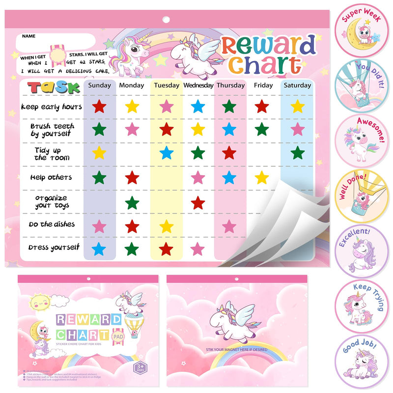 [Australia - AusPower] - Magnetic Reward Chart for Kids at Home, Behavior Chart Pad with 26 Chore Charts, 1680 Star Stickers, 84 Motivational Stickers to Develop Responsibility & Good Habits (Unicorn) Unicorn 