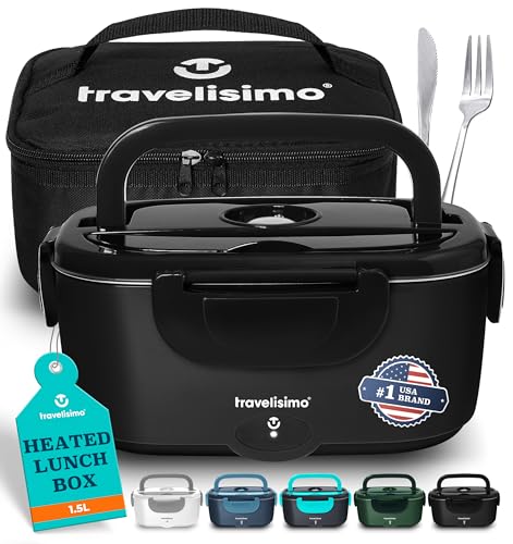 TRAVELISIMO Electric Lunch Box for Adults 100W Heated Lunch Box For Men 1.5L Stainless Steel Portable Food Warmer, 12/24/110V for Travel & Work, Loncheras Electricas Para Calentar almuerzo Black