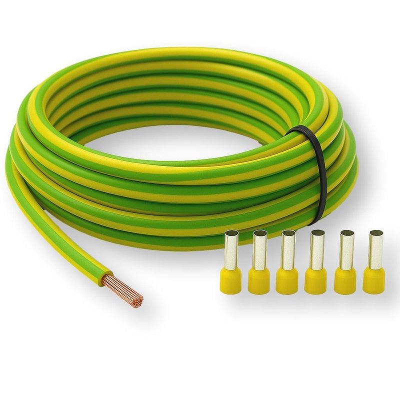 Grounding Cable 6 mm² Green/Yellow with 6 Wire End Ferrules H07V-K Core Cable Grounding Cable Flexible Fine-Strand (5-30 m) (5 Metres) 5 metres