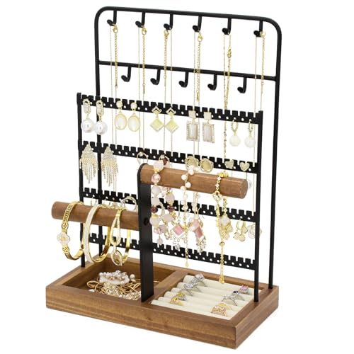 Jewelry Organizer Stand, Necklace Earring Holder with Tray-Black Tray&Black