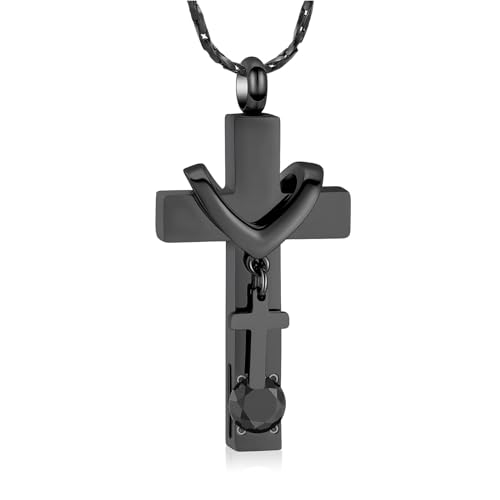 Cremation Jewelry Double Cross Necklace and Crystal Cube Memorial Ashes Urn Pendant Necklace Keepsake Jewelry for Adult Ashes with Birthstone Black