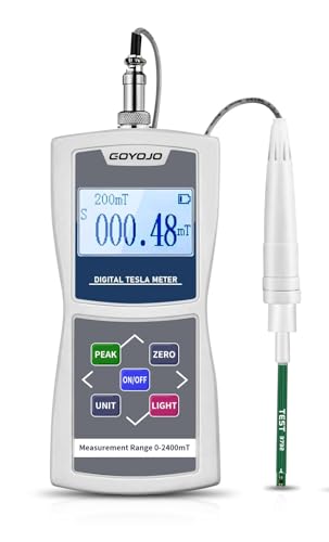 GOYOJO digital gauss meter measuring magnetic fields in white, with 2400mT/24000Gs range and display screen