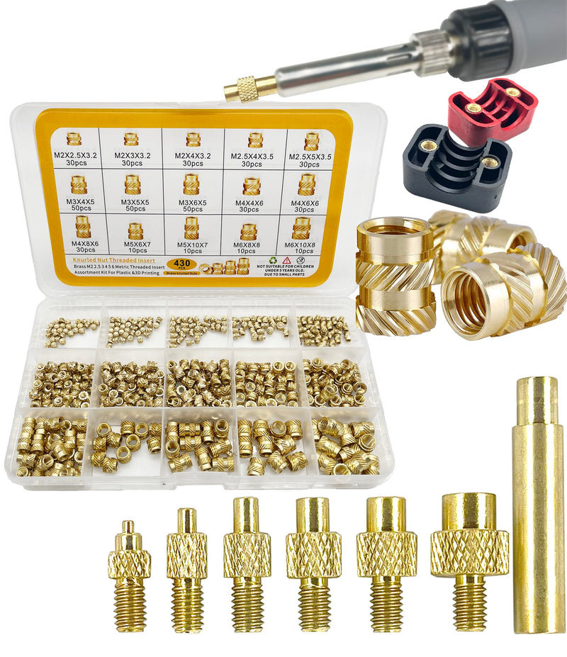 [Australia - AusPower] - 3D Printing Brass Nuts Threaded Inserts M2 M2.5 M3 M4 M5 M6 Female Thread Metric Knurled Nuts Assortment Kit Brass Heat Set Insert for Plastic and 3D Components (430Pcs+Heat Set Insert) 430Pcs+heat set insert 