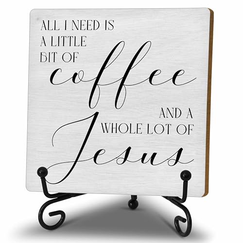 Farmhouse Coffee Bar Decor, All I Need Today Is A Little Bit of Coffee & A Whole Lot of Jesus Wooden Sign with Iron Stand, Christian Gifts for Home Kitchen Decor (A05)