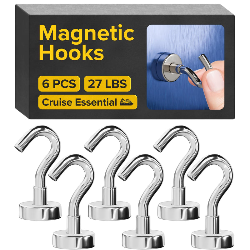 [Australia - AusPower] - Magnetic Hooks 27 LBS (Pack of 6) - Heavy Duty Neodymium Magnetic Hooks for Cruise Cabins - Strong Rare Earth Magnets for Hanging on Refrigerator, Grill, Cruise Cabin Walls, Ship Essentials 6 Pack 27 lbs 