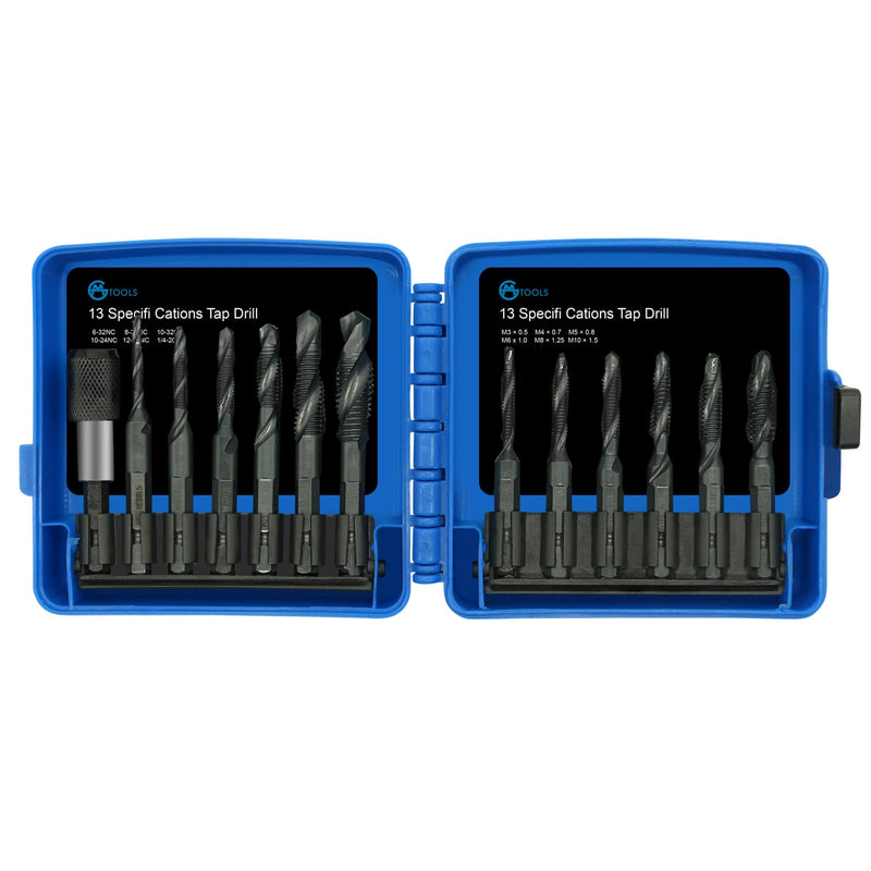 [Australia - AusPower] - Combination Drill and Tap Bit Set with Quick-Change Adapter of 13Pcs, 6 SAE Sizes: 6-32NC to 1/4-20NC, 6 Metric Sizes: M3 to M10,Suitable for Drilling Tapping Threading Countersinking 