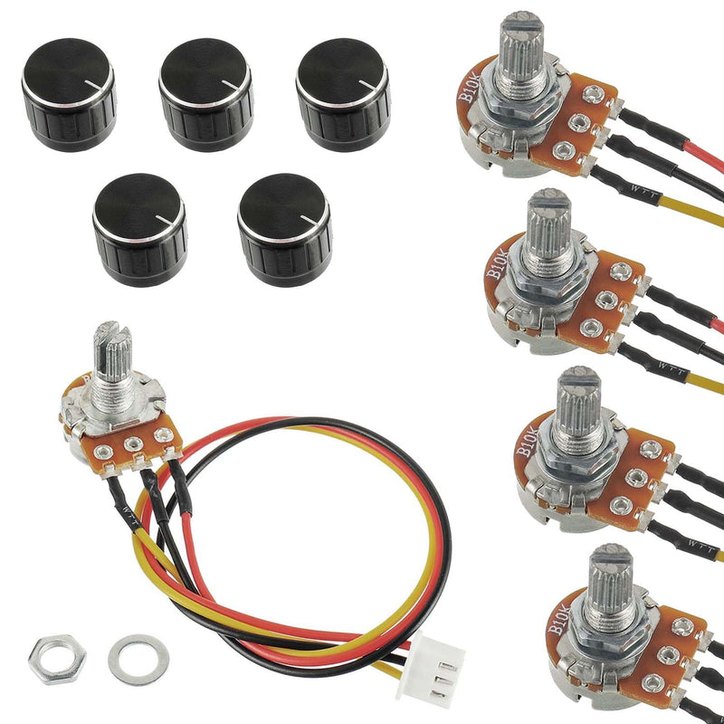 [Australia - AusPower] - 10K Ohm Linear Taper Rotary Potentiometer WH148 with XH2.54-3 Pin Connector Wire Cable and Black Knob Cover Cap(Pack of 5 Pcs) 10K Ohm 