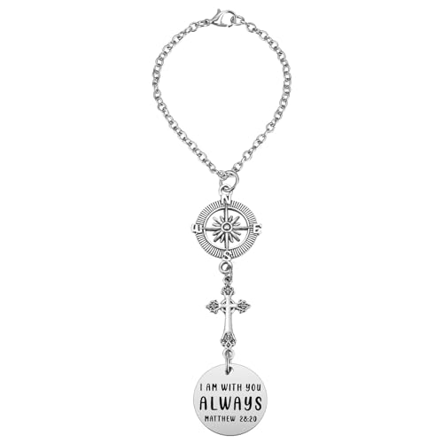 Cross Car Charm - 'I Am With You Always' Matthew 28:20 - Rear View Mirror Religious Gift for Women - Easter, Christian, Protection