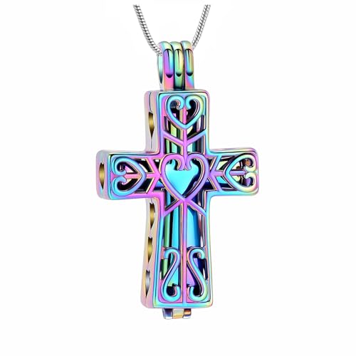 Cremation Jewelry Heart Of Eternity Cross Cremation Necklace For Ashes For Women Men Stainless Steel Ashes Pendant Hollow Double Cross Keepsake Memorial Urn Jewelry rainbow