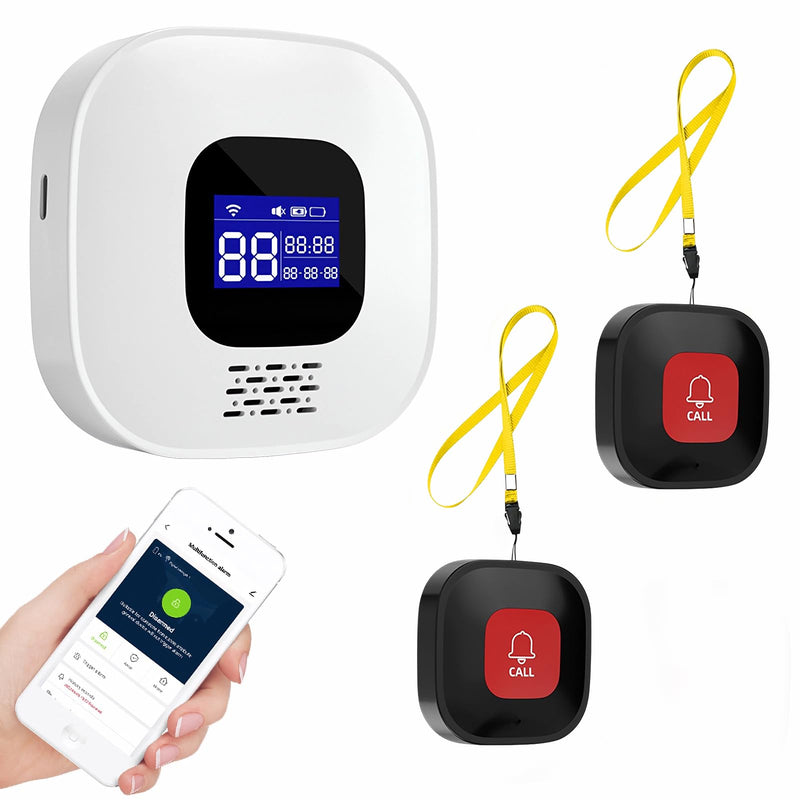 [Australia - AusPower] - WiFi Caregiver Pager with No Monthly Fee - Smart Call System with LED Display & App Alerts, 2 SOS Panic Buttons & 1 Receiver, Emergency Alert for Elderly Home Care (2.4GHz WiFi Only) 2 black calls+1 receiver 